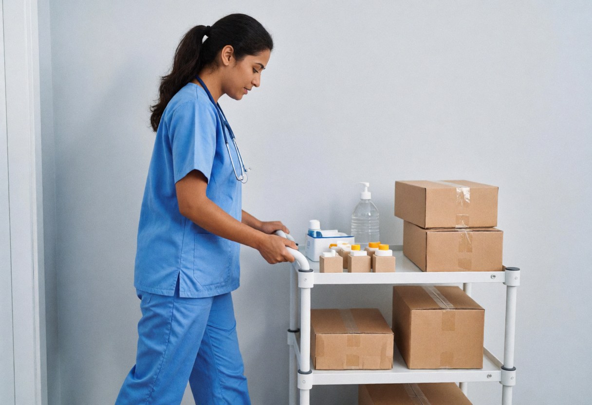 A nurse walks down a bright clinic corridor pushing a medicine cart, focused on her professional task.