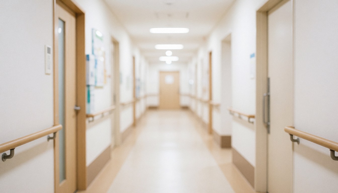 A clean and calm blurred hallway in a medical clinic with white walls, doors, and handrails, serving as a professional background for healthcare text.