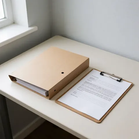 A medical consultation folder and document resting on a clean office desk near a window with natural light, symbolizing healthcare records and professional patient care.