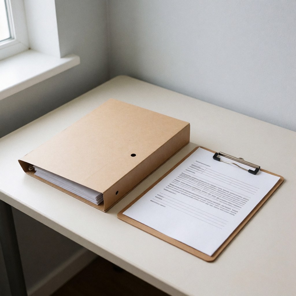 A medical consultation folder and document resting on a clean office desk near a window with natural light, symbolizing healthcare records and professional patient care.