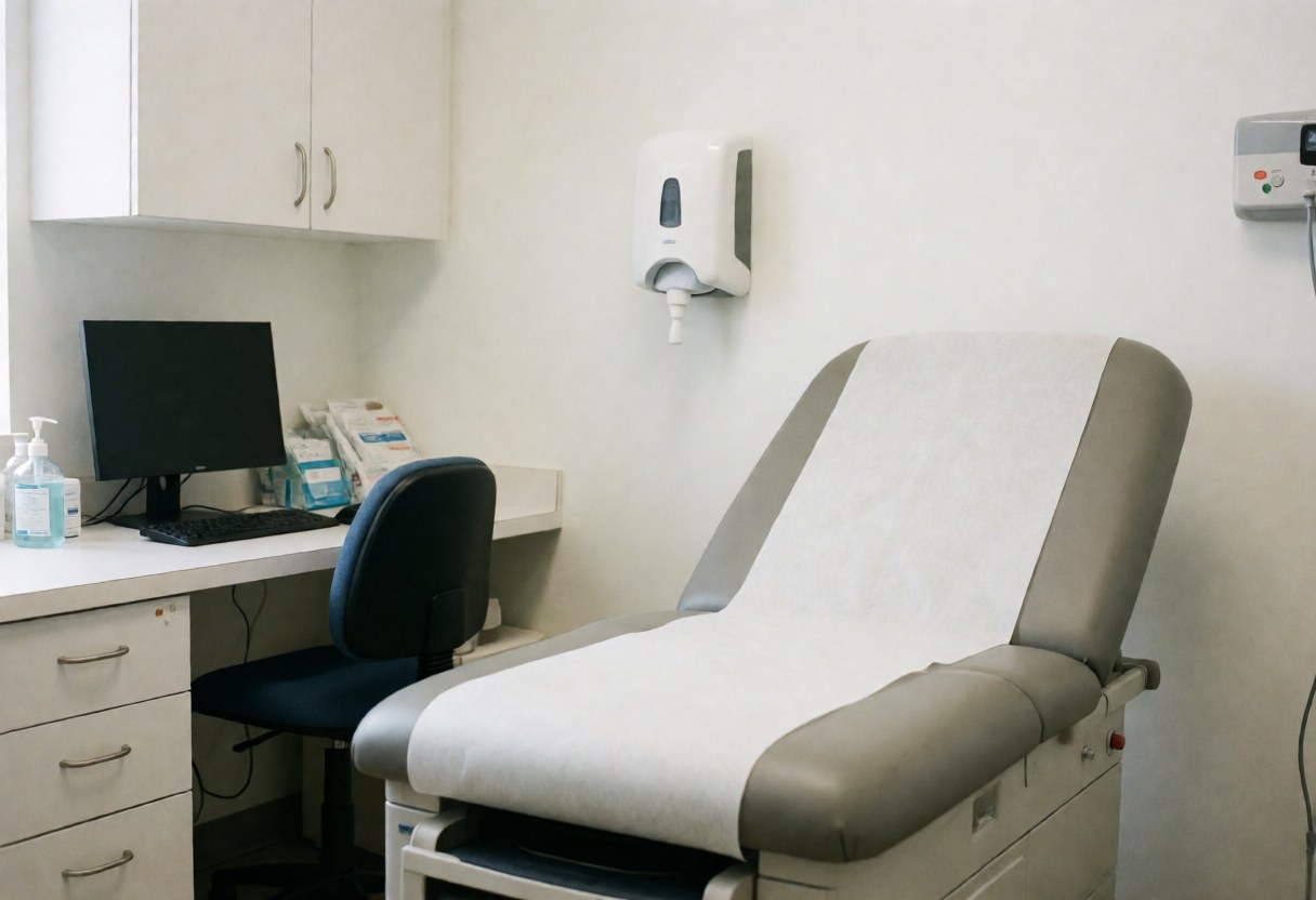 A clean and professional medical examination room featuring a white exam table, computer, and medical supplies ready for patient care