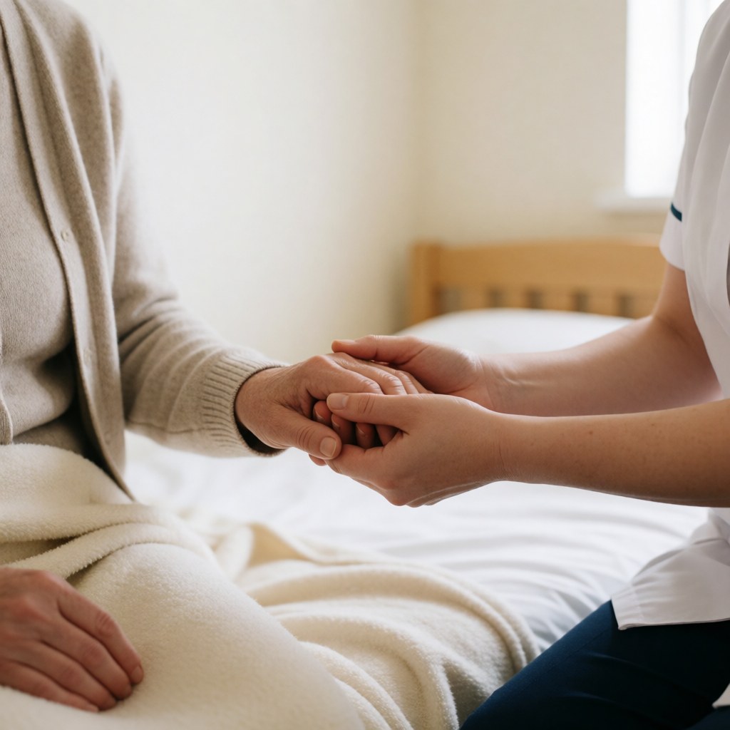 A nurse gently holds the hand of an older patient lying in a hospital bed within a calm, warmly lit medical clinic setting.