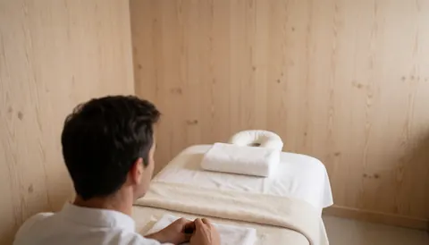 Back view of a massage therapist arranging white towels on a massage table in a spa with light wood walls and soft lighting