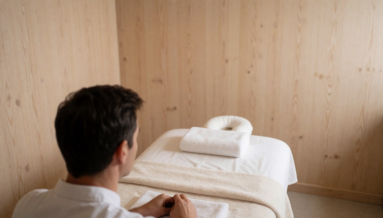 Back view of a massage therapist arranging white towels on a massage table in a spa with light wood walls and soft lighting