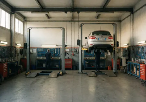 Interior view of an Italian auto repair shop featuring a car on a hydraulic lift, tools, and organized workspace