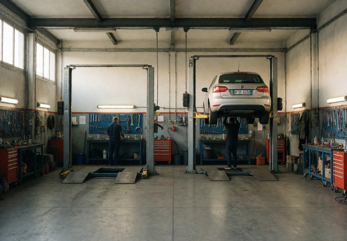 Interior view of an Italian auto repair shop featuring a car on a hydraulic lift, tools, and organized workspace
