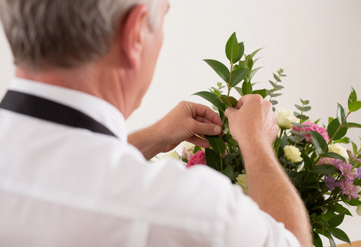 A florist arranging a bouquet of roses and green leaves in a softly lit studio, showcasing the professional service process.