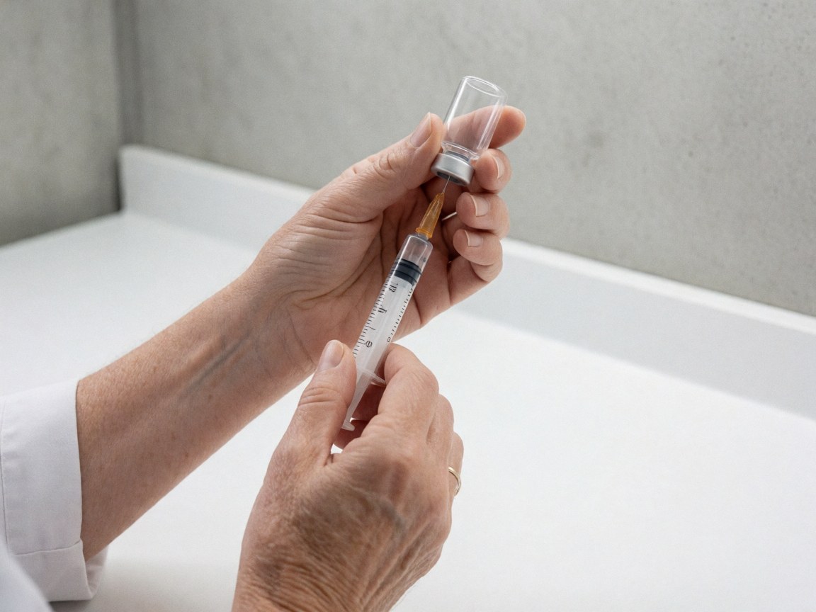 Close-up of adult hands carefully filling a medical syringe from a glass vial against a clean clinical background for a medical clinic
