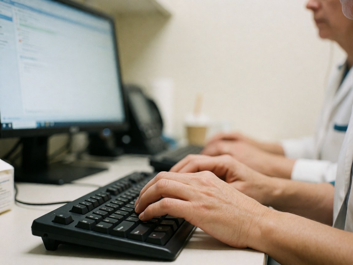 Close-up of hands typing on a black keyboard in a medical office with a blurred screen and warm white walls