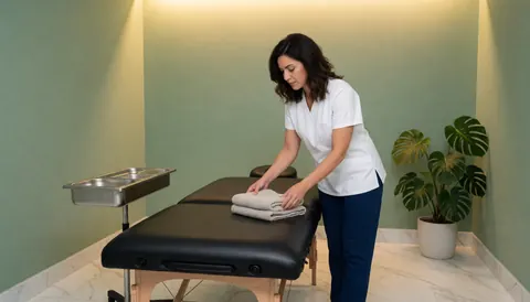 A serene spa room featuring a massage table, fresh towels, and monstera plants, creating a zen atmosphere for relaxation and wellness.
