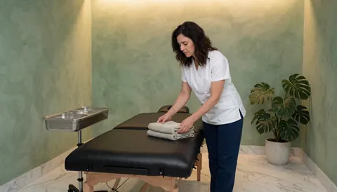 A serene spa room featuring a massage table, fresh towels, and monstera plants, creating a zen atmosphere for relaxation and wellness.