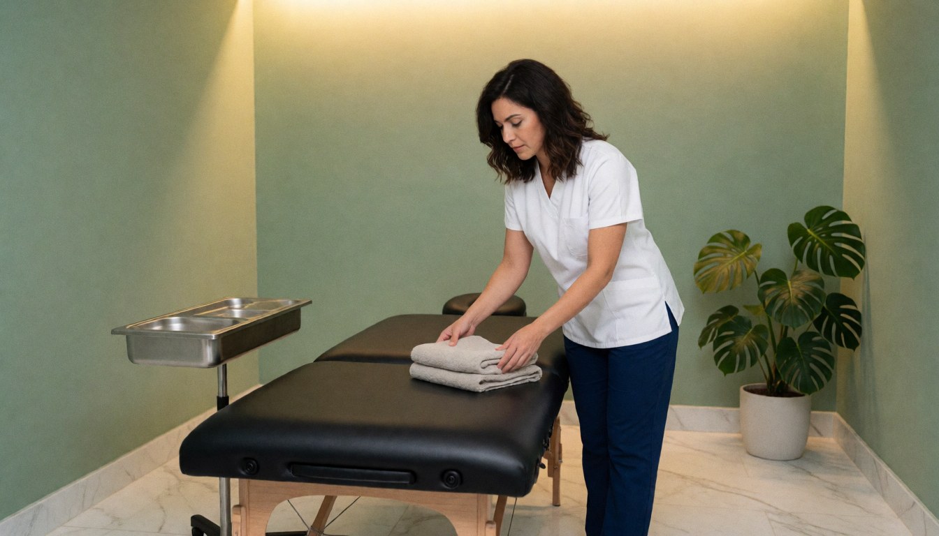 A serene spa room featuring a massage table, fresh towels, and monstera plants, creating a zen atmosphere for relaxation and wellness.