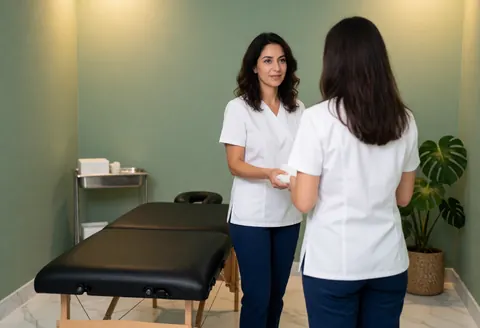 A therapist provides a relaxing massage treatment in a spa room featuring a massage table, a plant, and warm lighting.