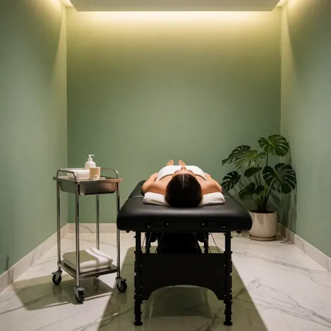 Relaxed client lying on a massage table in a modern spa with green walls, marble floor, monstera plant, and warm ambient lighting.