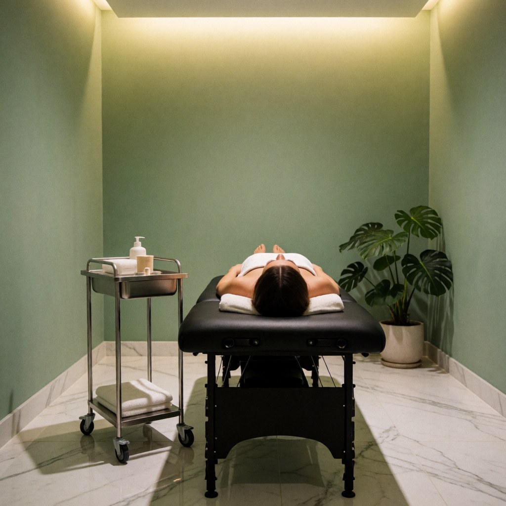 Relaxed client lying on a massage table in a modern spa with green walls, marble floor, monstera plant, and warm ambient lighting.