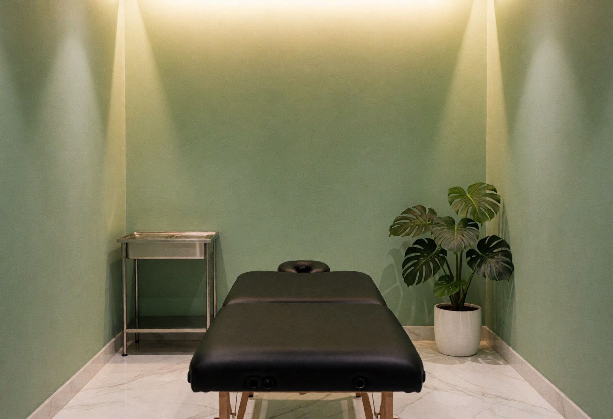 Minimalist massage room featuring green walls, white marble flooring, a black massage table, a monstera plant, and warm ambient lighting.