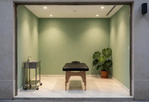 Minimalist spa entrance featuring green walls, marble flooring, a black massage table, a monstera plant, and metal sterilization equipment.