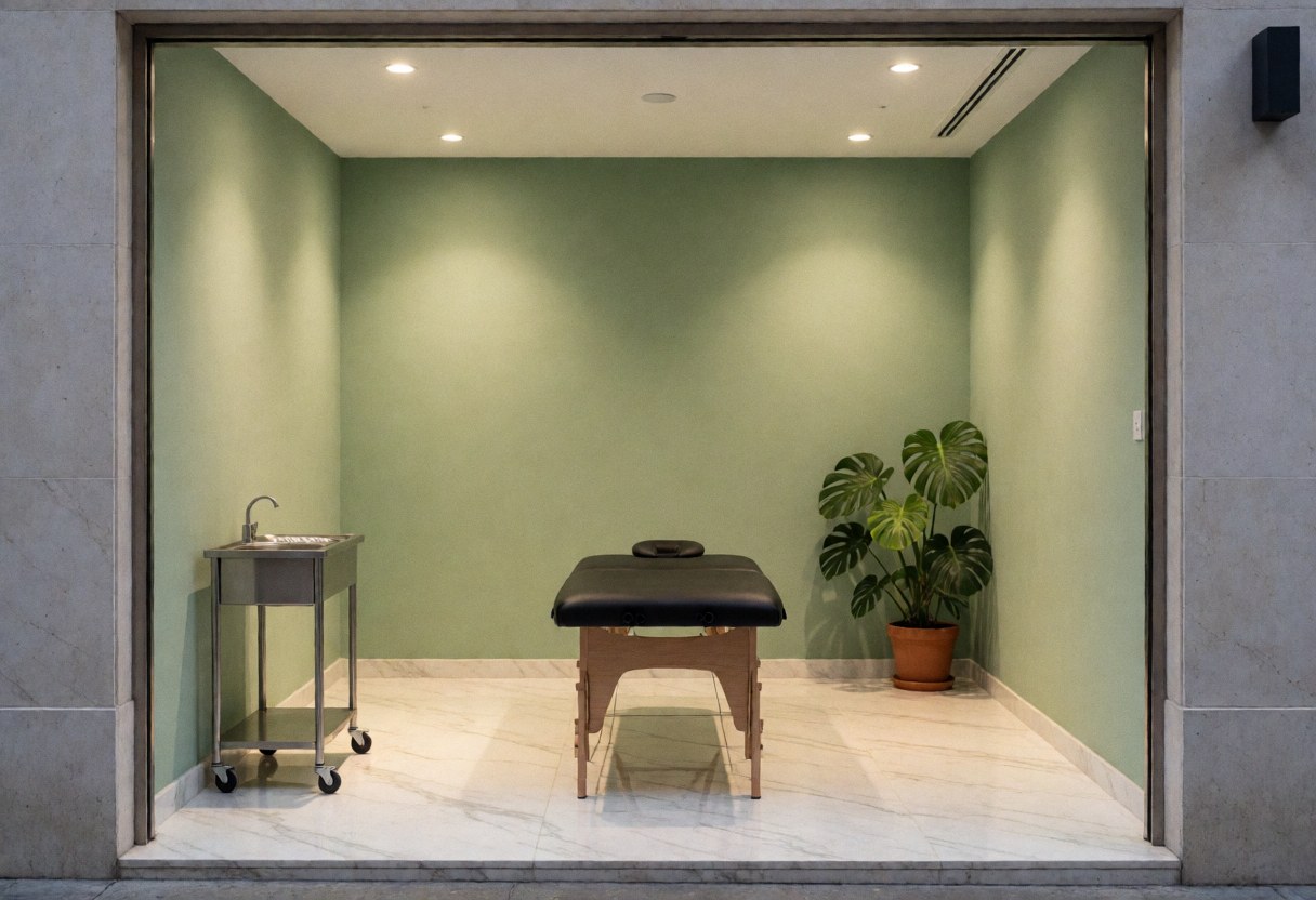 Minimalist spa entrance featuring green walls, marble flooring, a black massage table, a monstera plant, and metal sterilization equipment.