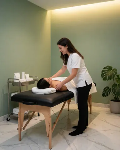 Therapist giving a relaxing massage to a client in a spa with green walls, white marble floor, and a monstera plant.