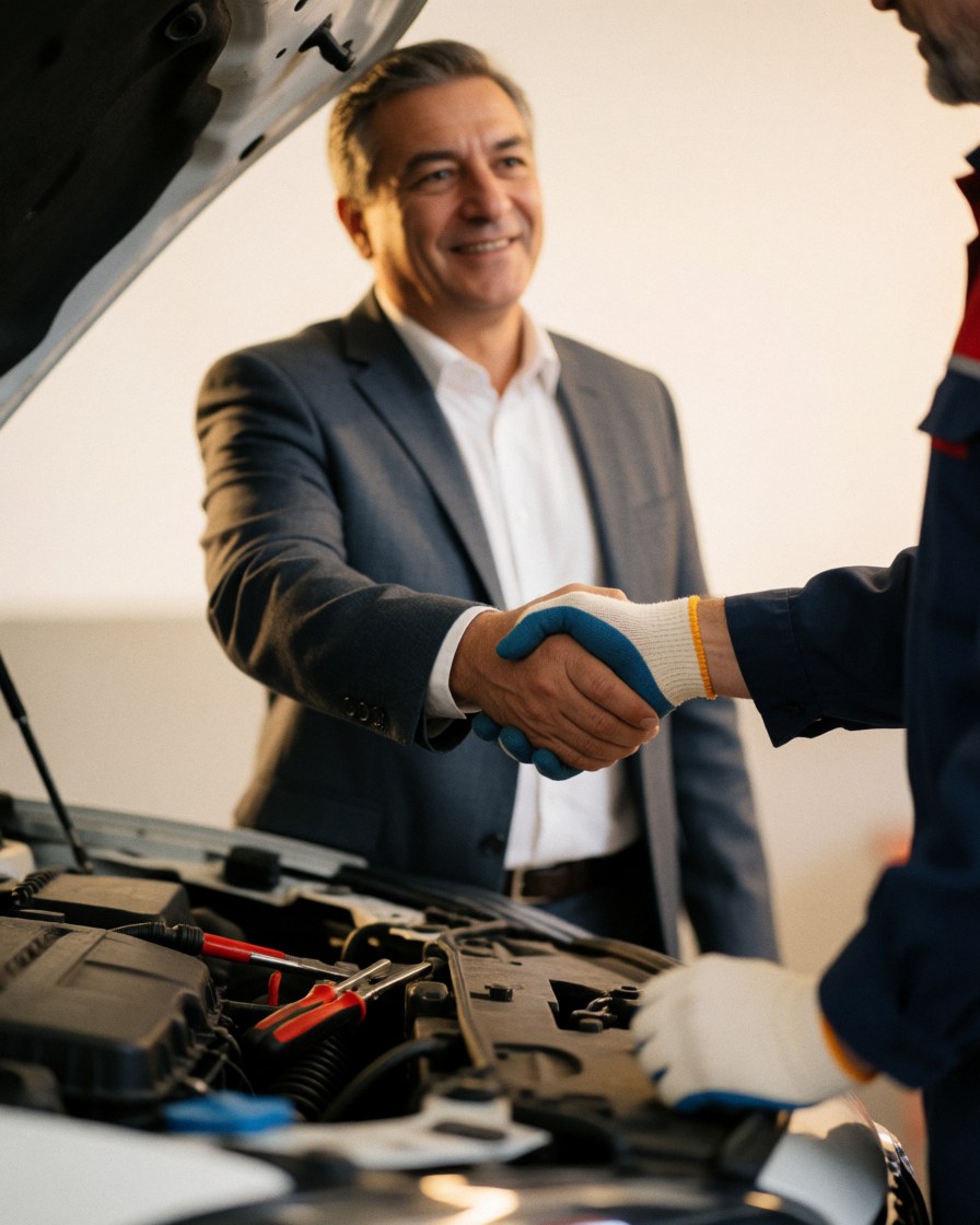 A satisfied car owner shakes hands with a professional mechanic in a workshop, with tools visible in the background, symbolizing trust and quality service.