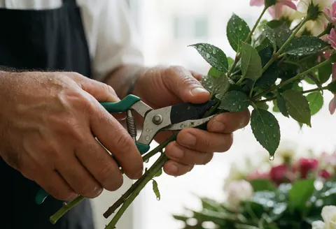 Close-up of a florist's hands using shears to trim a rose stem, with green leaves and water droplets against a soft, natural light background.