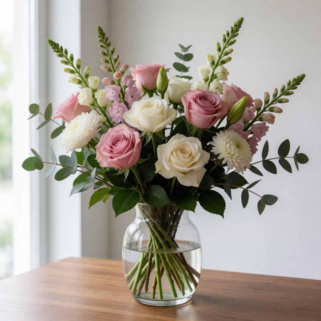 Elegant floral arrangement with roses and eucalyptus in a glass vase on a wooden table, illuminated by natural light, ideal for a luxury florist product display.