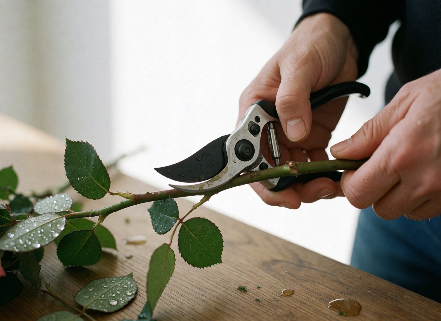 Close-up of a hand using pruning shears to cut a rose on a wooden table with water droplets on leaves and bright lighting
