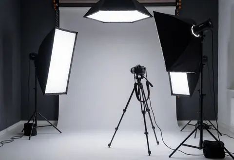 A clean professional photography studio featuring a camera on a tripod, softbox lights, and a neutral gray backdrop ready for commercial shoots