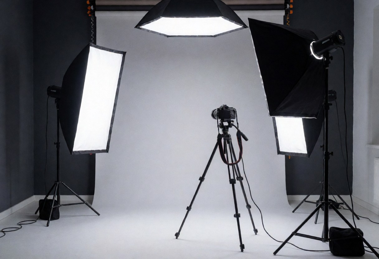 A clean professional photography studio featuring a camera on a tripod, softbox lights, and a neutral gray backdrop ready for commercial shoots