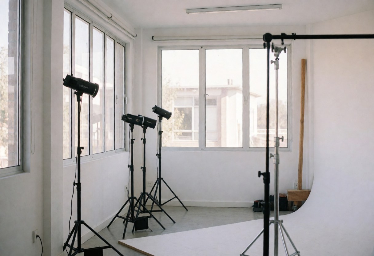 Bright photo studio featuring white walls, large windows, professional lighting, and a white background for showcasing photography services.