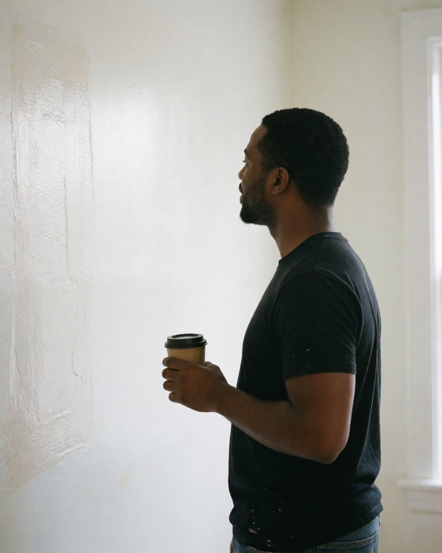A satisfied customer stands in a room with a freshly painted white wall, holding a coffee cup and looking pleased with the professional house painting results.