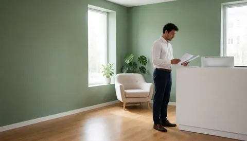 A psychologist reviews paperwork at a desk in a calm, professional office with green walls, beige chair, and a monstera plant near a window.