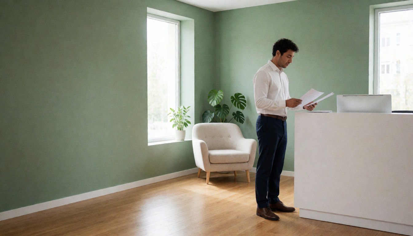 A psychologist reviews paperwork at a desk in a calm, professional office with green walls, beige chair, and a monstera plant near a window.
