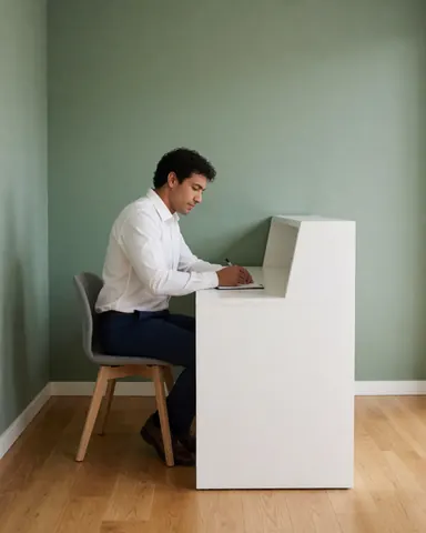 A professional psychologist or therapist sits at a clean white desk in a calm office, writing notes on paper with a pen under soft natural light.