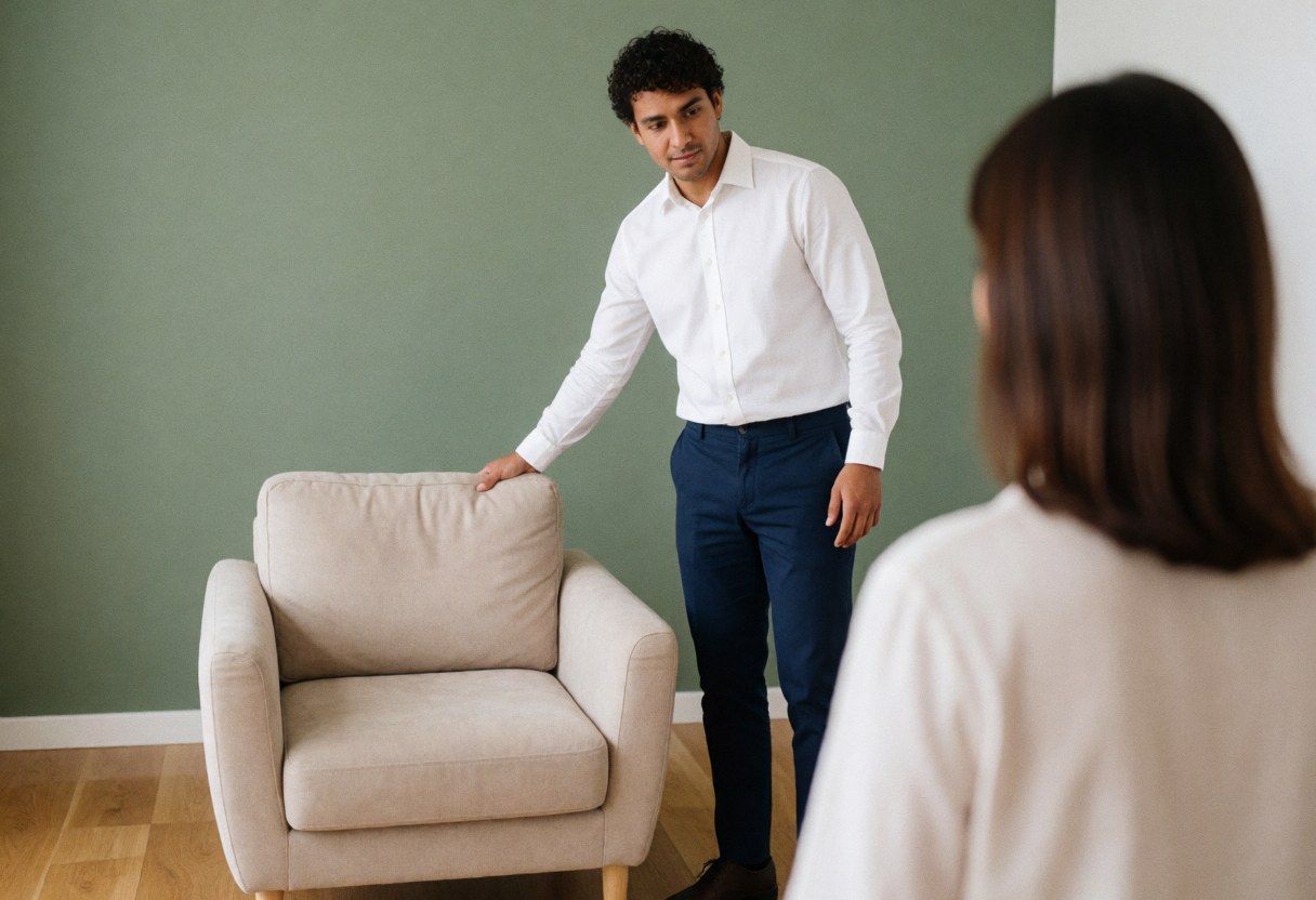 A psychologist guides a client toward a beige chair in a professional office with green walls and wooden floors, creating a calm atmosphere.