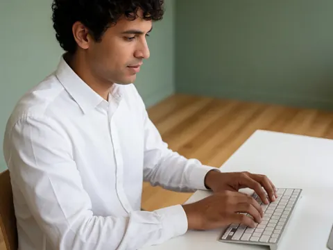 A young psychologist with curly hair sits at a desk in a clean office with green walls and wood floors, typing on a white keyboard while working on a computer.