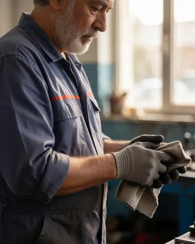 Senior mechanic wearing work gloves cleans tools with a cloth in a professional auto repair garage with natural window light and blurred background