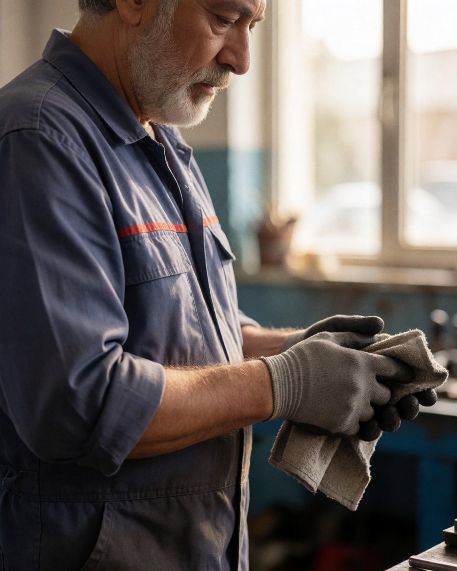 Senior mechanic wearing work gloves cleans tools with a cloth in a professional auto repair garage with natural window light and blurred background
