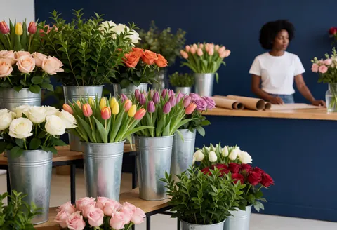 Interior of a flower shop featuring tulips and roses in metal pots on shelves against a dark blue wall, with a person working at the counter wrapping paper.
