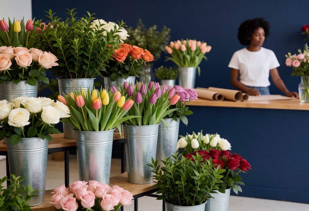 Interior of a flower shop featuring tulips and roses in metal pots on shelves against a dark blue wall, with a person working at the counter wrapping paper.