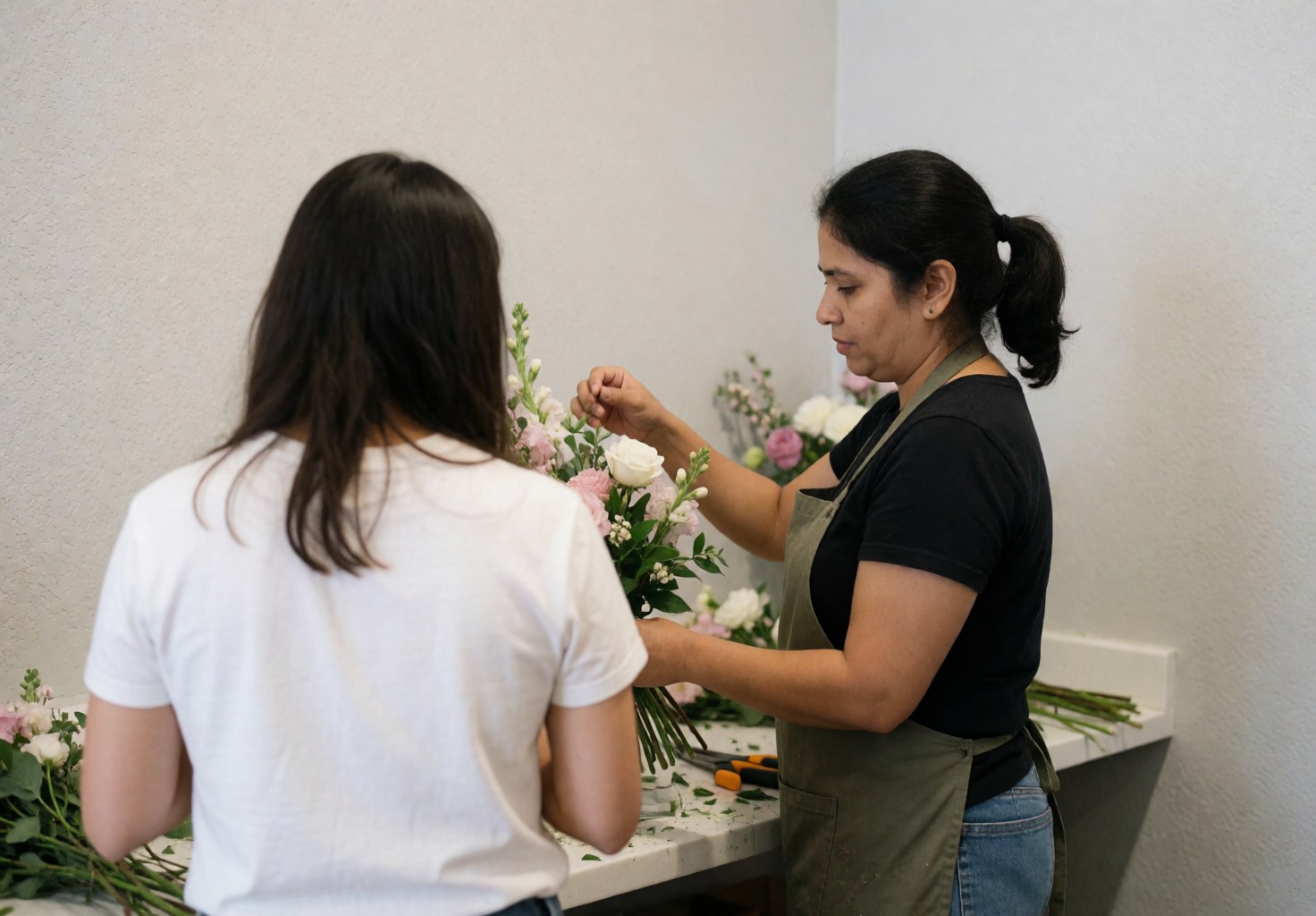 A florist and female client collaborate on a floral arrangement in a workshop using scissors and fresh flowers under natural light against gray walls.