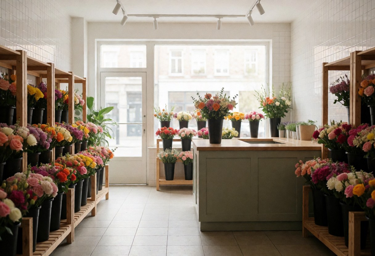 Spacious florist store interior featuring wooden shelves, large windows with natural light, and an array of colorful ceramic vases displaying fresh flower arrangements.