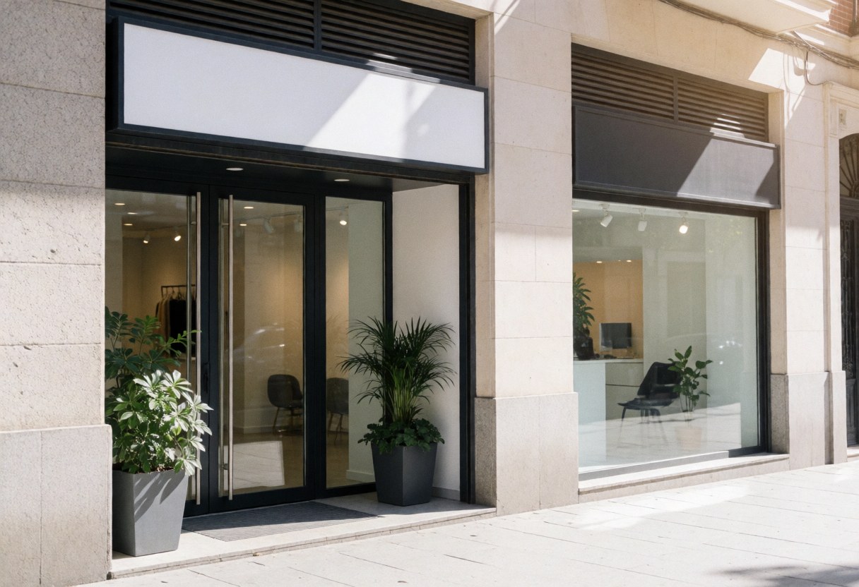Clean modern storefront entrance featuring glass doors, potted plants, and sunlight on pavement for a professional photo studio business