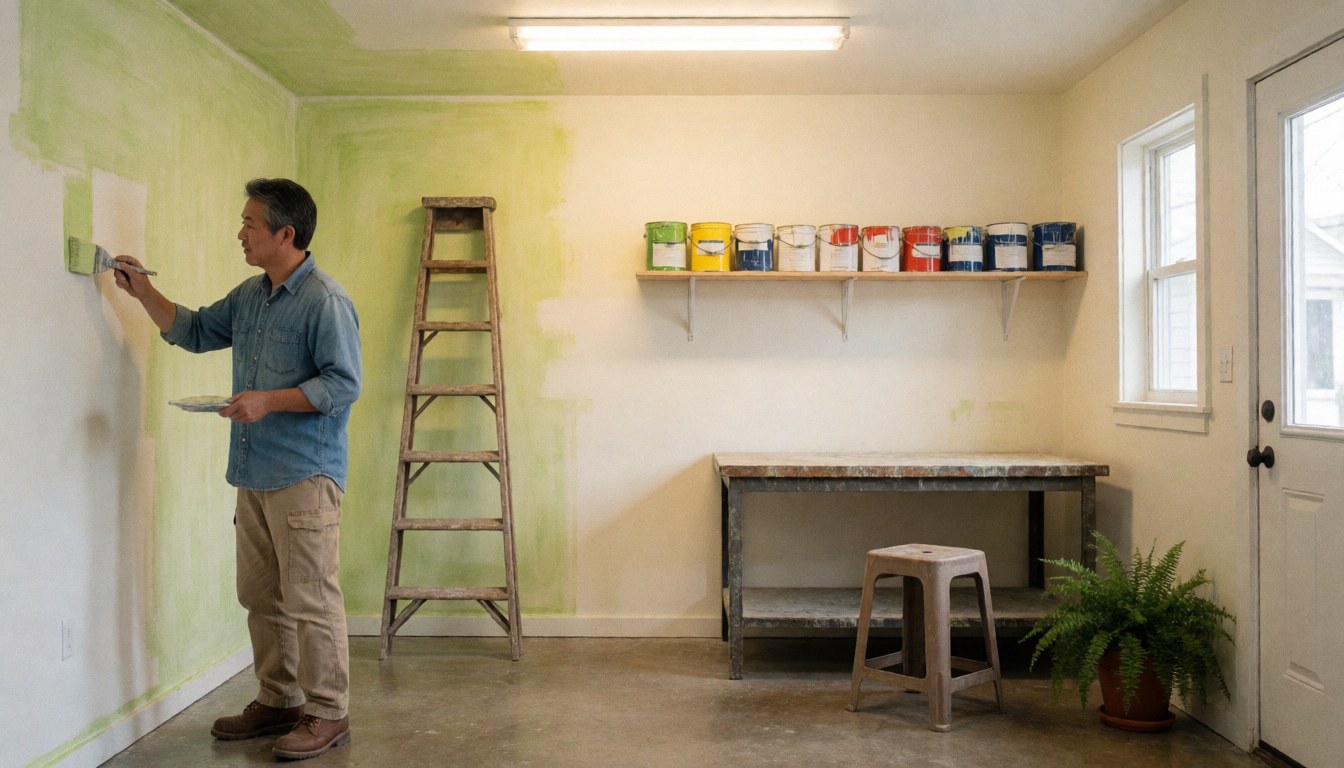 A business owner is working in a quiet workshop, surrounded by painting supplies and tools.