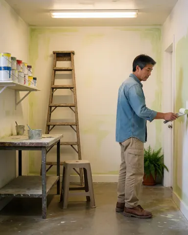 A professional painter concentrating on painting a wall while standing on a ladder with paint cans and brushes nearby