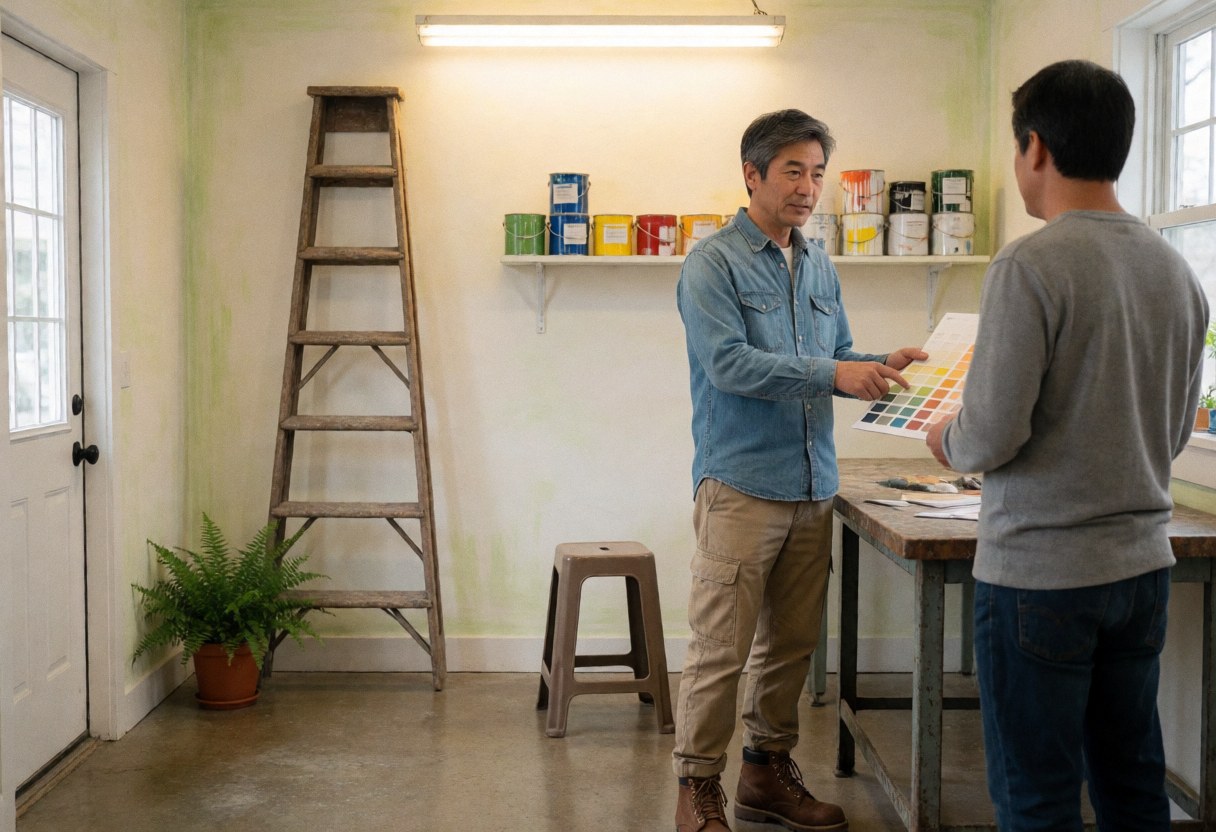 Professional painter discussing color options with a client during a house painting service consultation