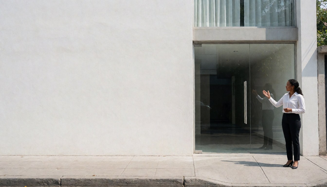 A professional female real estate agent stands outside a modern glass building entrance on a sunny day, gesturing with her hands while wearing business attire.
