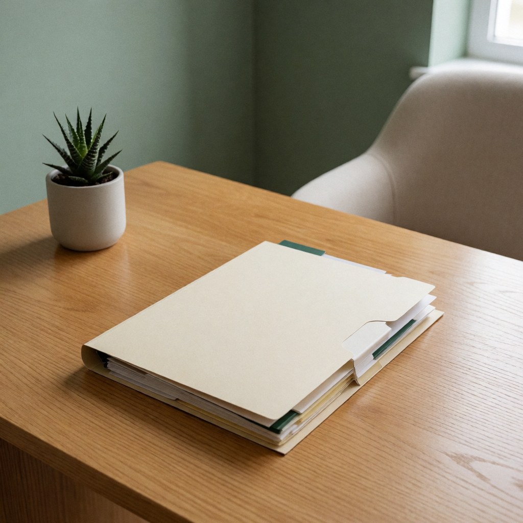 A tidy wooden desk featuring a small succulent plant, organized folders, and natural light, creating a calm and professional workspace for therapy or psychology practice.