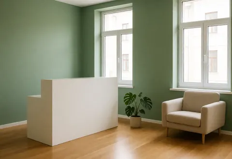 Empty welcoming therapy office featuring green walls, wooden floors, natural light, and a monstera plant near a window