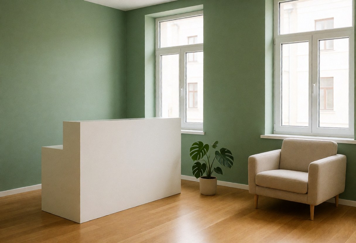 Empty welcoming therapy office featuring green walls, wooden floors, natural light, and a monstera plant near a window
